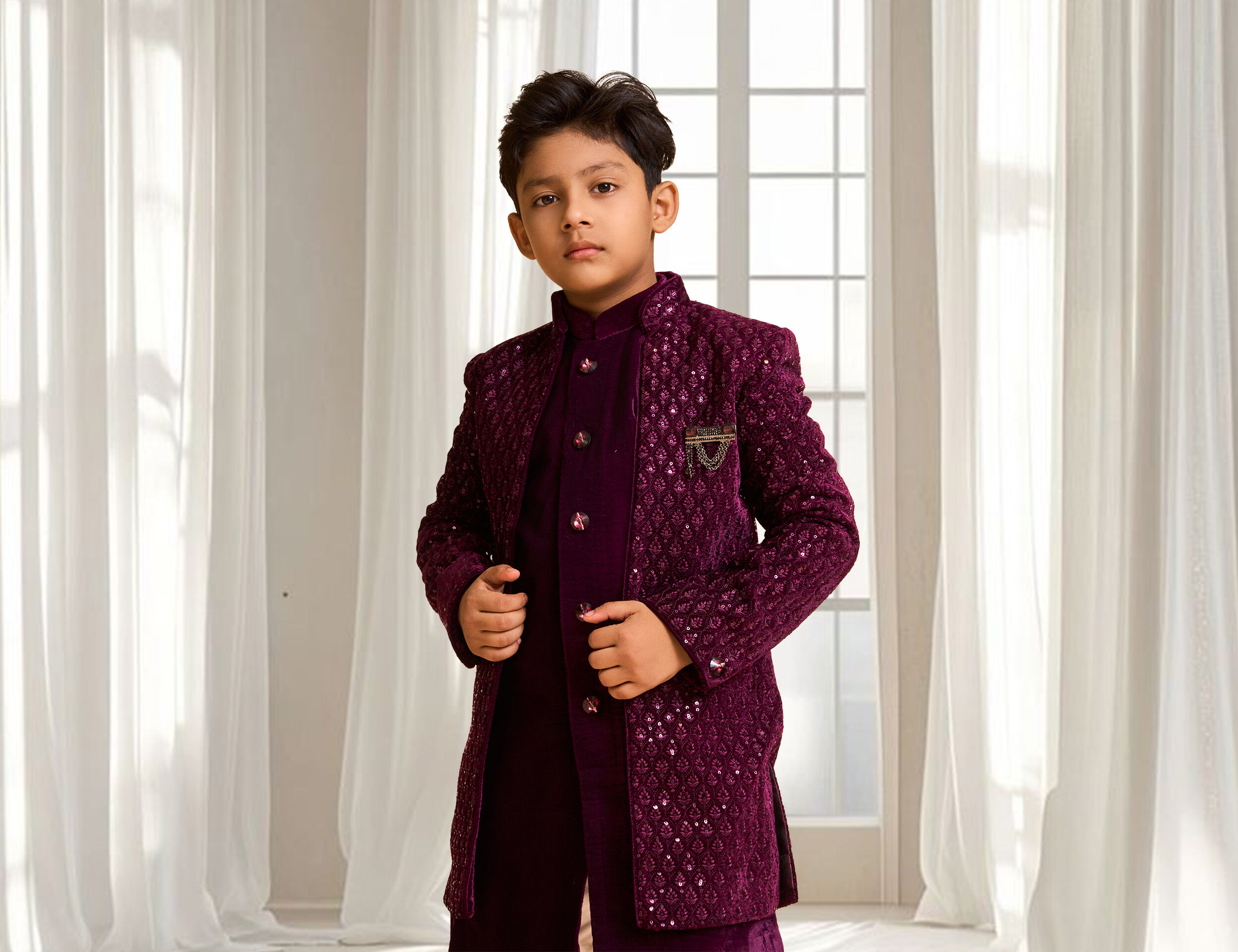 Boy wearing elegant red indo western sherwani for wedding